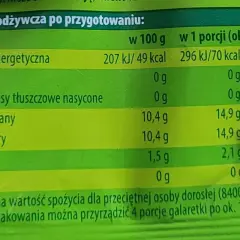 Tabela wartości odżywczych galaretki po przygotowaniu, z podziałem na 100g i porcję.