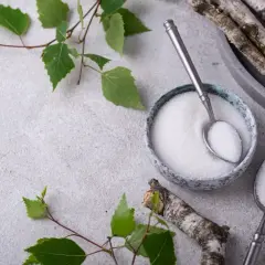 Ksylitol co to? Biały proszek w miseczce i na łyżce, gałązki brzozy i liście. Naturalny słodzik.