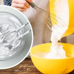 Kremowa masa z mascarpone, ubijana mikserem, przelewana z żółtej miski do drugiej.