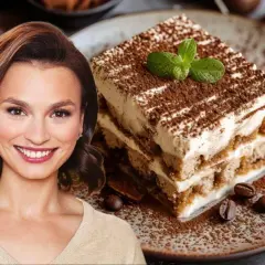 Uśmiechnięta kobieta obok pysznego tiramisu bez alkoholu, posypanego kakao i kawą.