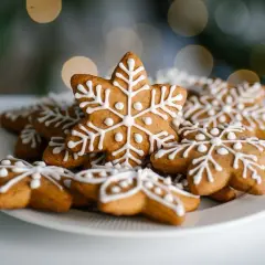 Gwiazdkowe pierniczki z białym lukrem na talerzu. Idealne na święta, dzięki niezawodnemu przepisowi na pierniczki.