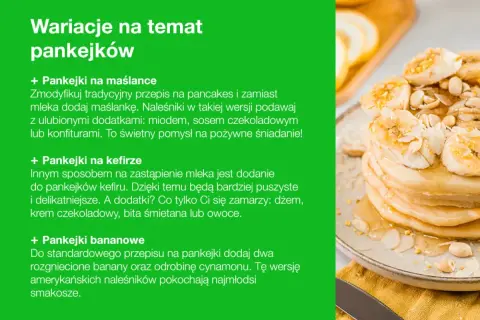 Prosty przepis na pankejki: bananowe, na maślance lub kefirze. Na talerzu stos puszystych pankejków z bananami i miodem.