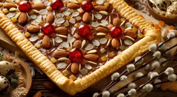 Przepis na bardzo dobry mazurek wielkanocny. Słodki, migdałowy przysmak z bakaliami i kandyzowanymi wiśniami.