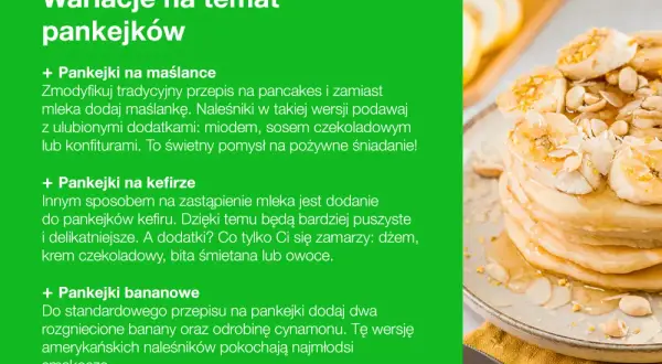 Prosty przepis na pankejki: bananowe, na maślance lub kefirze. Na talerzu stos puszystych pankejków z bananami i miodem.
