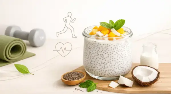 Zdrowy deser z chia z mlekiem kokosowym, ozdobiony mango i miętą. Obok leżą hantle i mata do ćwiczeń, symbolizujące aktywny tryb życia.