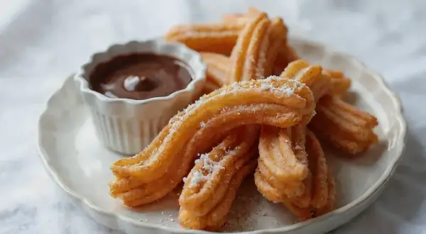 Churros co to? Złociste, chrupiące paluszki posypane cukrem, idealne do maczania w gorącej czekoladzie. Pyszna przekąska!