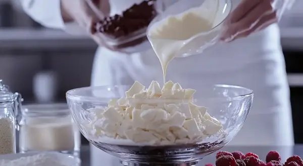 Płynna biała czekolada spływa na pokruszoną białą czekoladę w misce, tworząc bazę do ganache z białej czekolady.