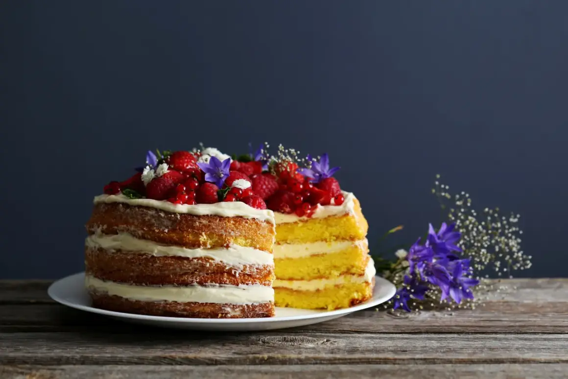 Dwa piętrowe naked cake z kremem i owocami leśnymi, ozdobione kwiatami.