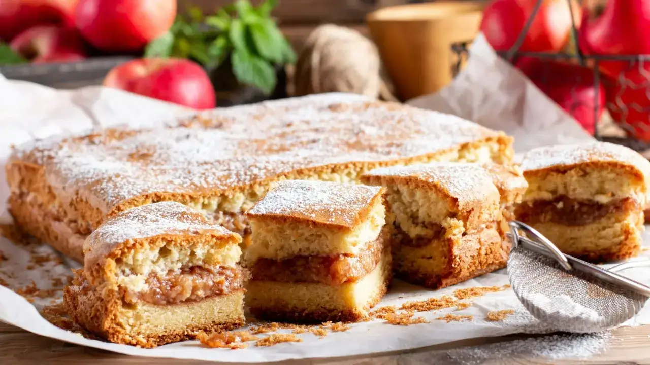 Puszyste ciasto z jabłkami, posypane cukrem pudrem, wygląda apetycznie. Obok leżą świeże jabłka i miętka.