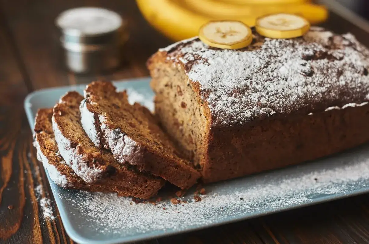 Pyszne ciasto bananowe, które zawsze się udaje, posypane cukrem pudrem i ozdobione plasterkami banana. Idealne na deser.