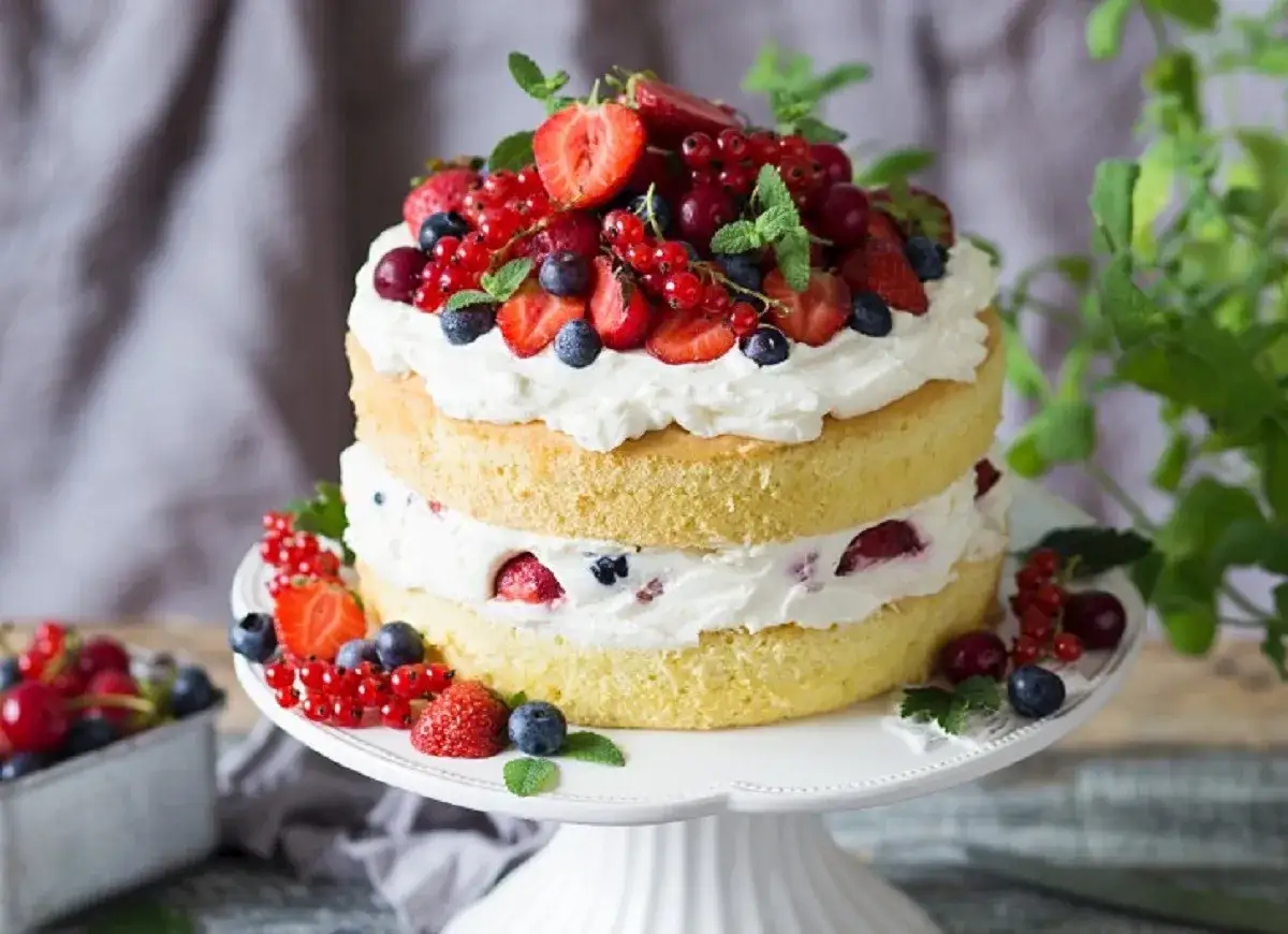 Puszysty biszkopt przełożony lekką masą z mascarpone i świeżymi owocami leśnymi.