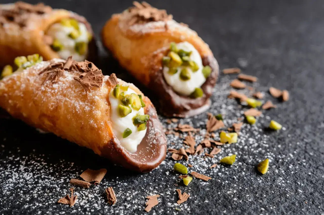 Trzy pyszne cannoli z kremem, pistacjami i czekoladą, posypane cukrem pudrem i wiórkami czekolady.