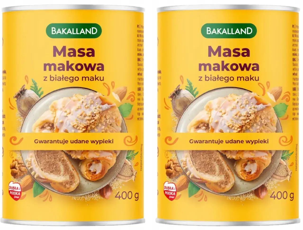 Masa makowa z białego maku Bakalland. Na opakowaniu apetyczne rogaliki z lukrem i orzechami, symbolizujące pyszne wypieki.