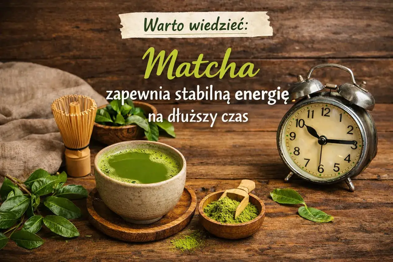 Matcha to zielona herbata w proszku, która zapewnia stabilną energię na dłuższy czas. Na zdjęciu: miseczka z napojem, bambusowa miotełka i proszek.
