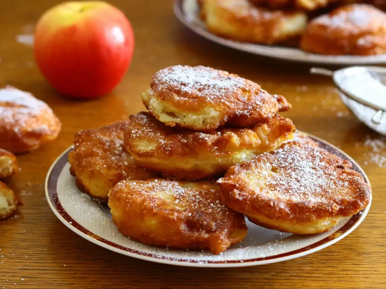 Złociste racuchy drożdżowe posypane cukrem pudrem, obok jabłko. Idealne na podwieczorek, zgodnie z przepisem.