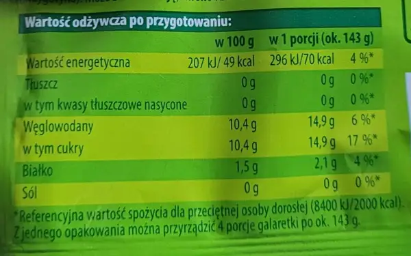 Tabela wartości odżywczych galaretki po przygotowaniu, z podziałem na 100g i porcję.