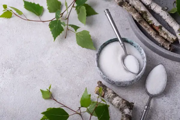 Ksylitol co to? Biały proszek w miseczce i na łyżce, gałązki brzozy i liście. Naturalny słodzik.