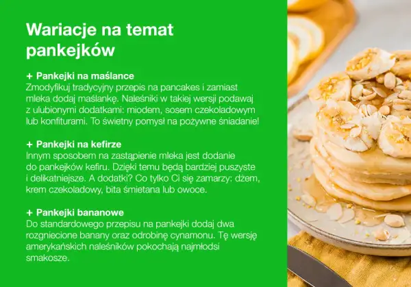 Prosty przepis na pankejki: bananowe, na maślance lub kefirze. Na talerzu stos puszystych pankejków z bananami i miodem.