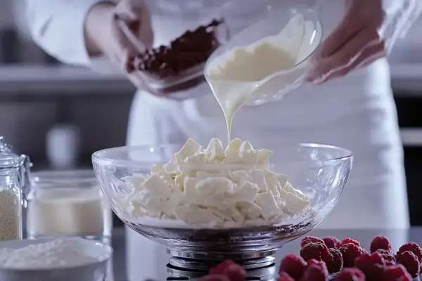 Płynna biała czekolada spływa na pokruszoną białą czekoladę w misce, tworząc bazę do ganache z białej czekolady.