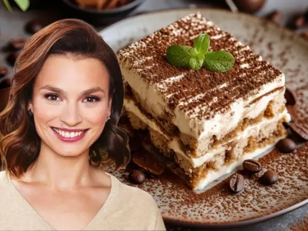 Uśmiechnięta kobieta obok pysznego tiramisu bez alkoholu, posypanego kakao i kawą.